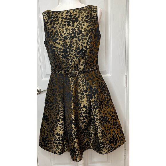 Theia Dress Black & Gold dress brocade sleeveless fit & flare pockets size 10 - Picture 4 of 10